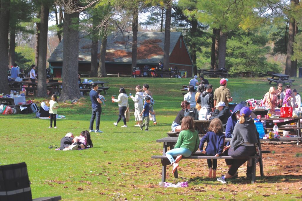 a group of people sitting on top of a park bench